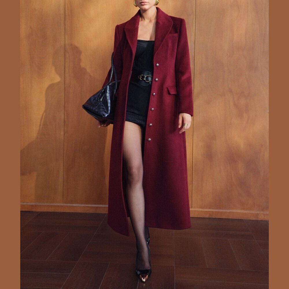 Burgundy Button Front Notch Lapel Long Overcoat - Picture 4 of 6